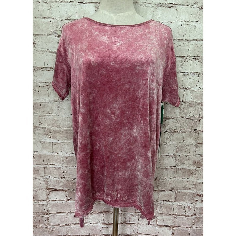 Green Tea Womens Crushed Velvet Short Sleeve Top Casual Pink Blossom Size M NEW